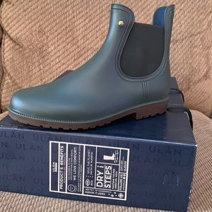 Brand new Ulan rain boots. Size 10. Olive green